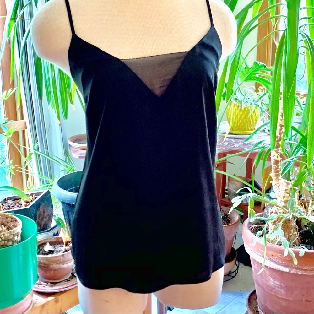 Black spaghetti strap top, sheer panel Sz 14, NWT